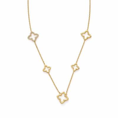 Colar dourado com elementos florais e cristal