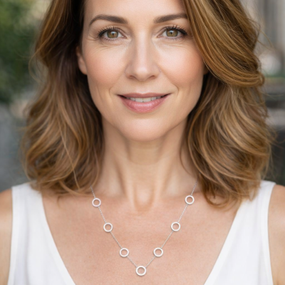 Colar prata com círculos em mulher com camisa branca