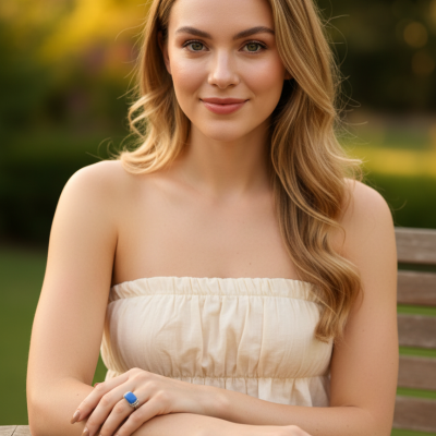 Anel com pedra azul quadrada em mulher com vestido creme sentada na mesa de madeira