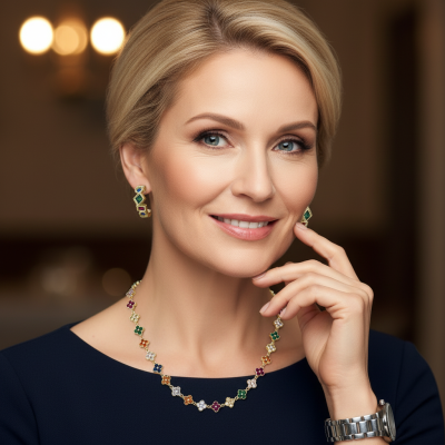 Mulher loira com colar e brincos dourados com pedras coloridas, vestido azul escuro e relógio prateado