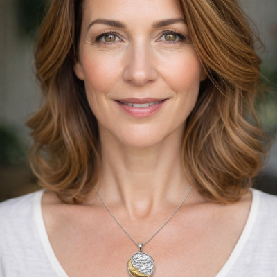 Colar com pendente redondo prata e dourado numa mulher com t-shirt branca