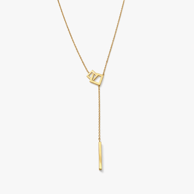 Colar dourado com pendente geométrico e barra retangular