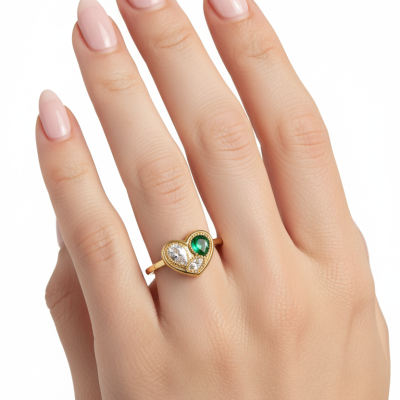 Anel dourado com pedras verde e brancas em forma de coração numa mão com unhas pintadas de rosa claro.