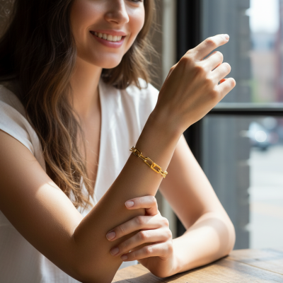 Mulher com pulseira dourada de elos grossos sentada à mesa perto de janela