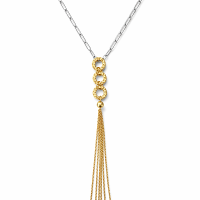 Colar com corrente prateada e pendente dourado com três anéis e franjas finas