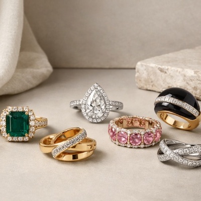 Anéis de luxo em ouro e prata com pedras coloridas sobre superfície cinzenta.
