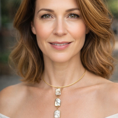 Colar dourado com pendentes de madrepérola usado por mulher com blusa branca.