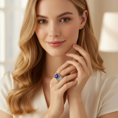 Anel dourado com pedra azul e cristais em mão de mulher com blusa creme