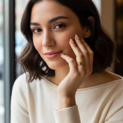 Mulher com anel dourado de números romanos na mão próxima ao rosto