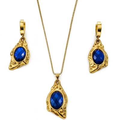Conjunto dourado com pedra azul
