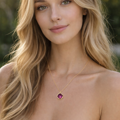 Colar dourado com pendente rosa usado por mulher loira com vestido bege