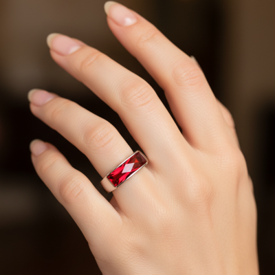 Anel com pedra vermelha numa mão feminina