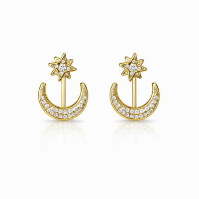 Brincos dourados em forma de estrela e lua com cristais