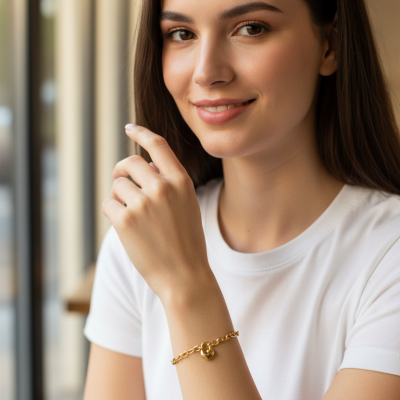 Mulher com pulseira dourada em forma de coração e t-shirt branca