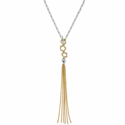 Colar com corrente prateada, estrelas douradas e franjas douradas pendentes