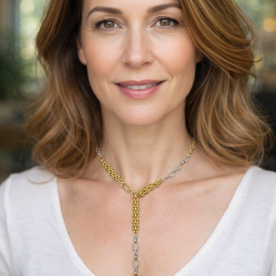 Mulher a usar colar de corrente dourado e prateado