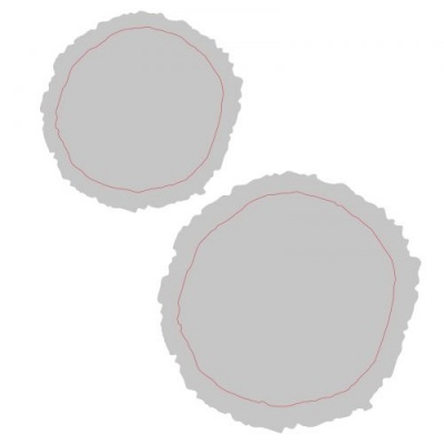 Duas superfícies circulares cinza claro com linhas vermelhas irregulares no centro
