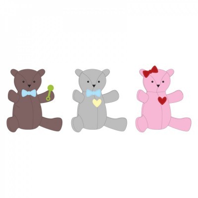 Tres ursos de peluche castanho, cinza e rosa com gravatas borboleta e corações