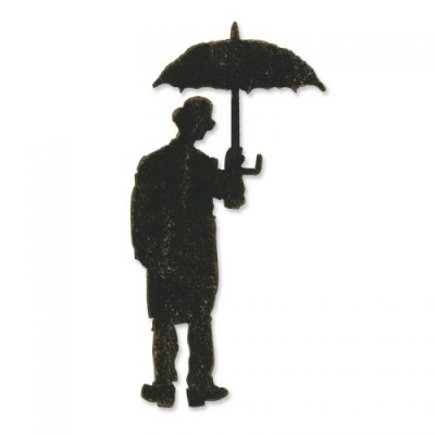 Figura decorativa de homem com chapéu e guarda-chuva em metal preto