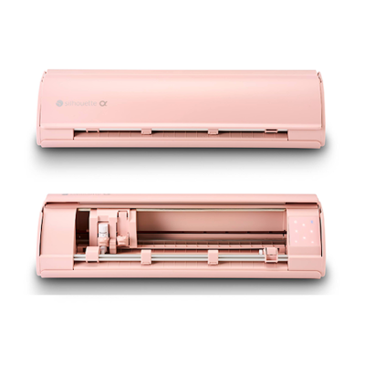 Plotter de corte rosa claro com tampa fechada e aberta mostrando mecanismo interno