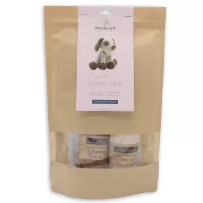 Conjunto para crochê com linhas e padrão de cão em embalagem castanha