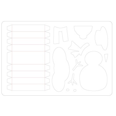 Molde recortado em cartão branco com peças para montar um boneco de neve