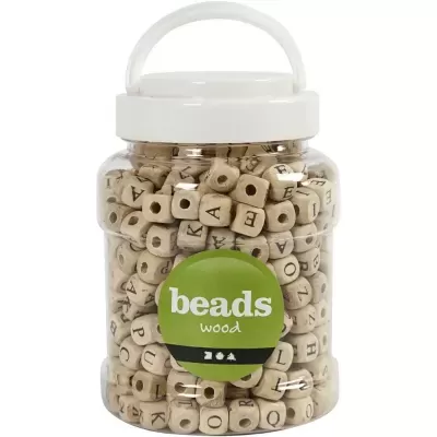 Frasco transparente cheio de contas de madeira cubo com letras