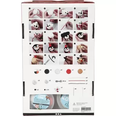 Kit para montar figuras de neve e pinguim com instruções passo a passo e peças coloridas.