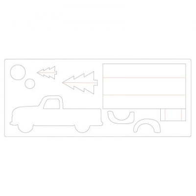 Molde de recortes em papel branco com formas de carrinha, árvores de Natal, círculos e outras formas curvas