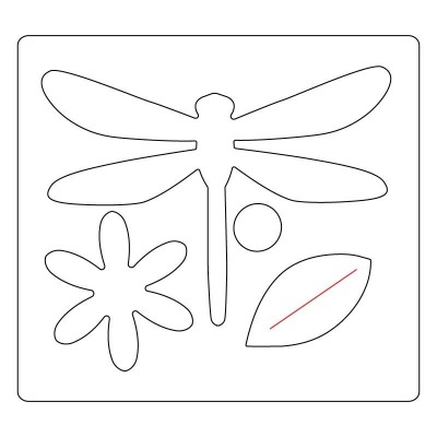 Molde preto e branco com formas de libelinha, flor, folha e círculo recortadas