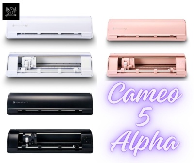Cortadoras eletrónicas Cameo 5 Alpha em branco, rosa e preto, abertas e fechadas