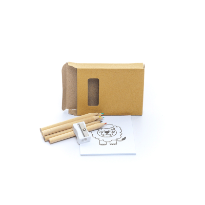 Caixa com lápis de cor, afia e desenhos