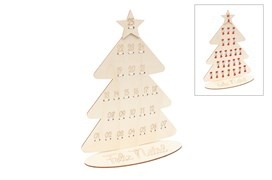 Árvore de Natal decorativa em madeira clara com espaços numerados e base oval