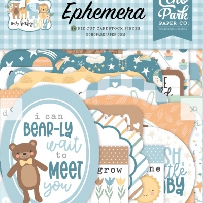 Pacote de peças de cartão recortadas com tema bebé e ursinho, em azul e bege