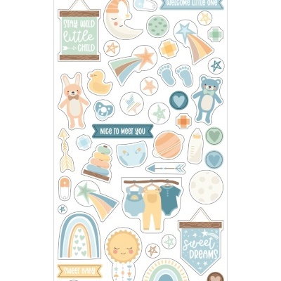 Folha de autocolantes chipboard para bebé menino com elementos coloridos e frases