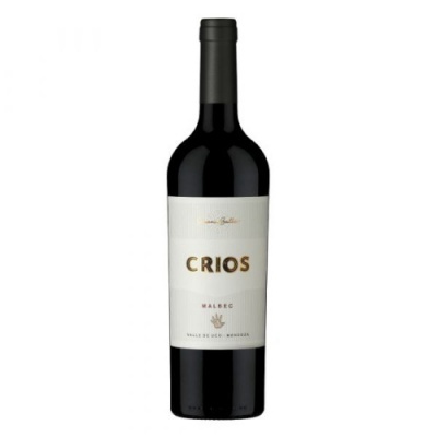 Garrafa de vinho tinto Crios Malbec com rótulo branco e texto dourado