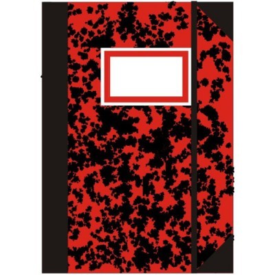 Caderno vermelho com manchas pretas e etiqueta branca para escrever