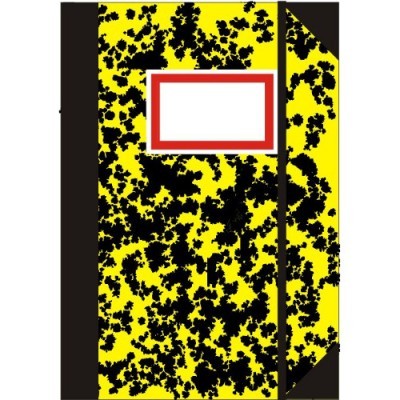 Caderno amarelo com manchas pretas, faixa elástica e etiqueta na capa