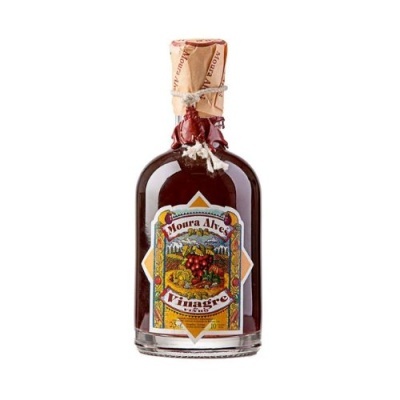 Garrafa de vinagre Moura Alves com rótulo colorido e tampa com selo de cera