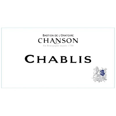 Rótulo de vinho branco Chablis com texto e brasão