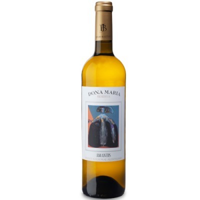 Garrafa de vinho branco Dona Maria Reserva Amante com etiqueta branca e imagem colorida