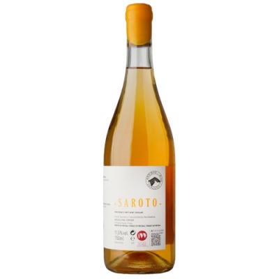 Garrafa de vinho branco Saroto com rótulo branco e tampa com cera laranja