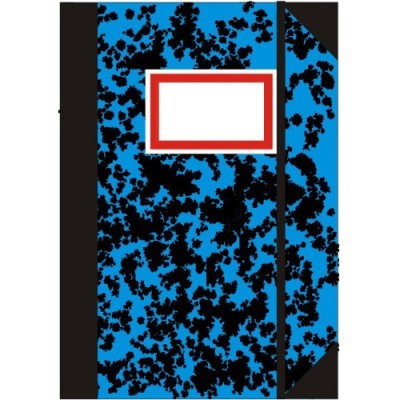 Capa azul e preta de caderno com etiqueta branca e vermelha