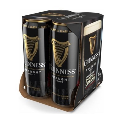 Pack de quatro latas de cerveja Guinness Draught Stout preto e dourado