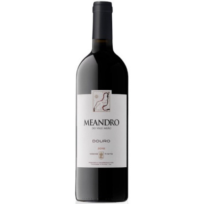 Garrafa de vinho tinto Meandro Douro 2018 com rótulo branco e cápsula preta