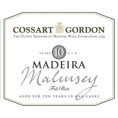 Etiqueta de vinho Madeira Cossart Gordon Malmsey com texto e moldura em dourado