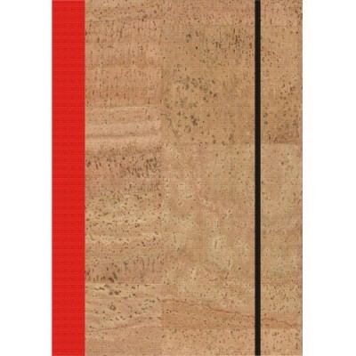 Capa de caderno com textura de cortiça, faixa vermelha lateral e linha preta vertical