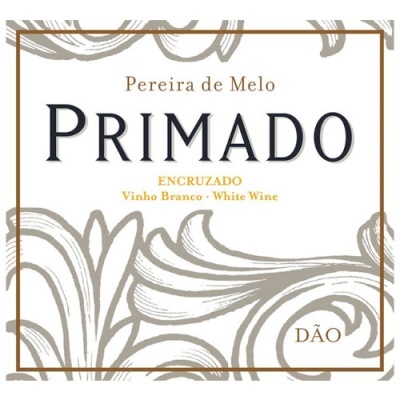 Etiqueta de vinho branco Primado com decoração gráfica e texto informativo.