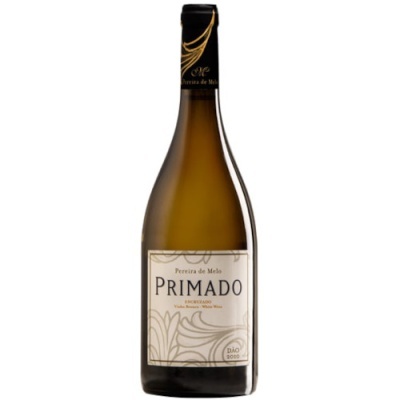 Garrafa de vinho branco Primado com rótulo branco, texto e detalhes dourados e pretos