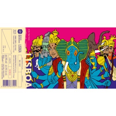 Rótulo de vinho com ilustrações coloridas e texto VINHO REGIONAL LISBOA